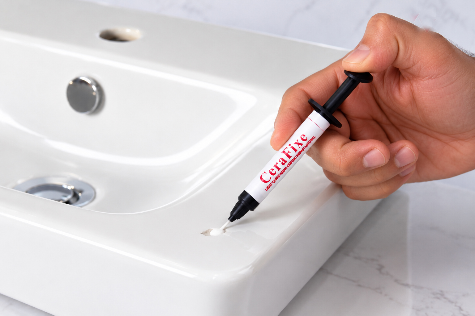 Positioning and shaping the repair on glazed sanitaryware