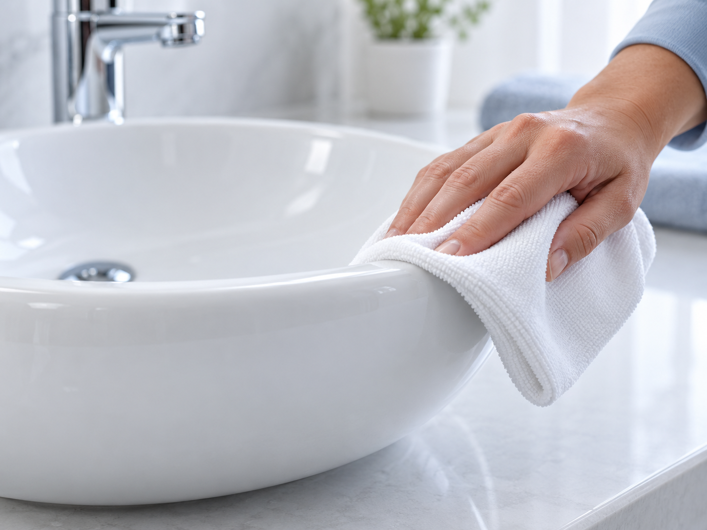 Cleaning and drying a glossy ceramic washbasin before repair