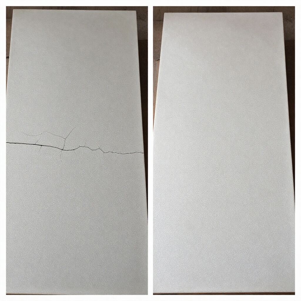 Cracked ceramic panel before repair and repaired panel after treatment