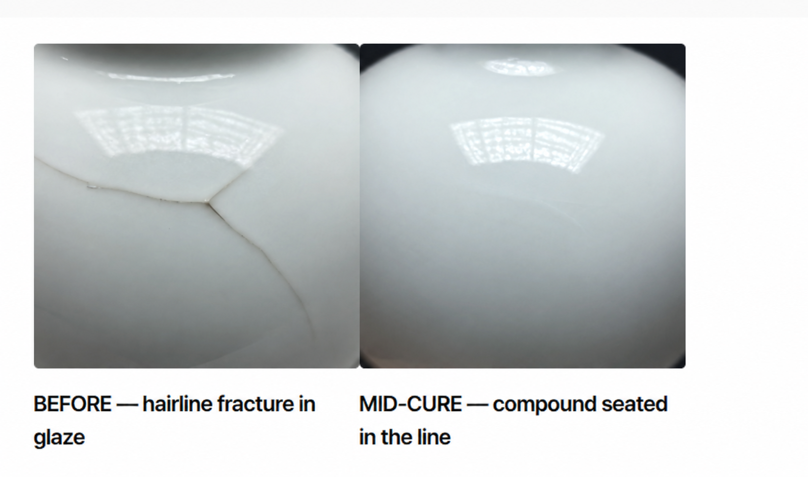 Hairline fracture before repair and CeraFixe compound seated in the crack