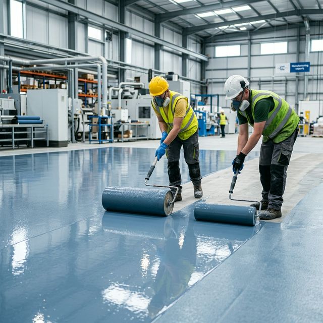 Workers applying industrial epoxy floor coating