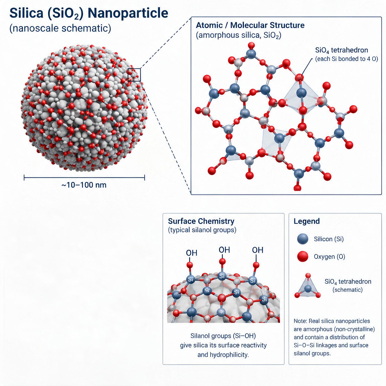 Silica nanoparticle schematic showing amorphous SiO₂ structure, SiO₄ tetrahedral connectivity and surface silanol groups