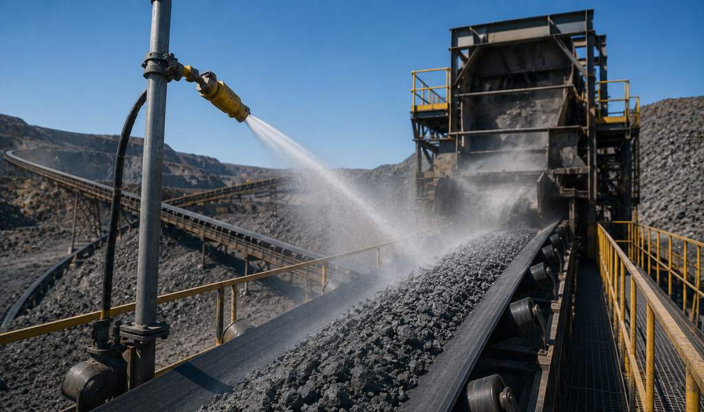 Spray nozzles controlling dust on a mineral conveyor