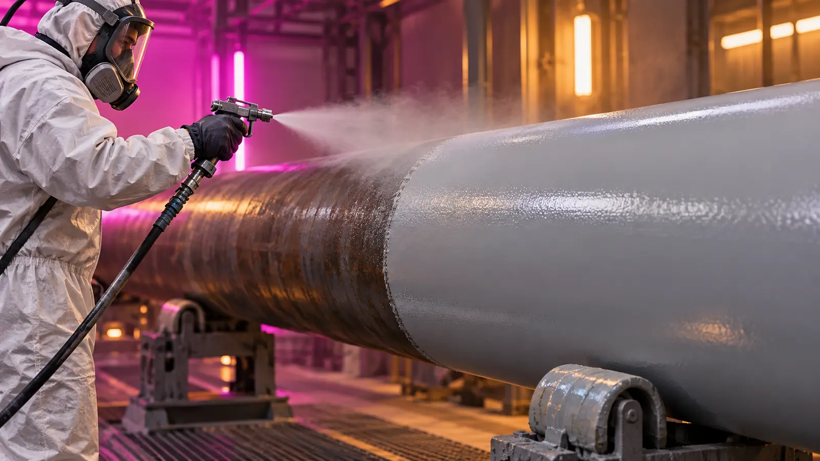 Protective coating being applied to industrial pipe