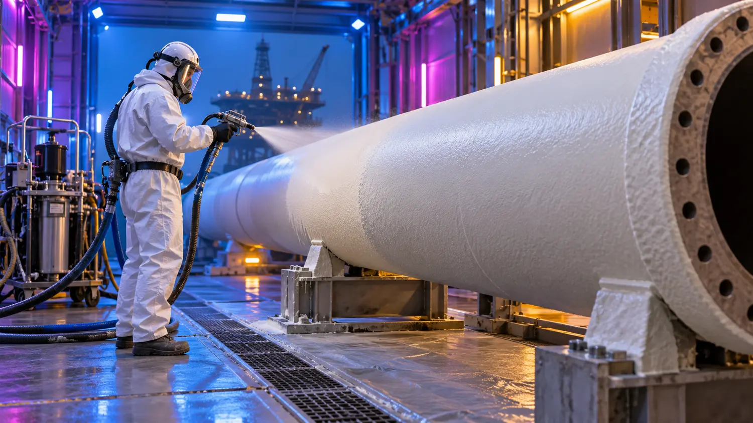 Protective coating being applied to industrial pipe